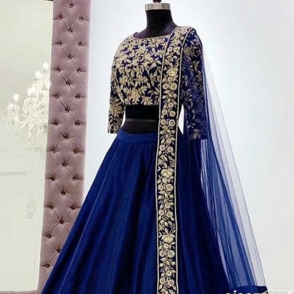 Lehenga Choli bleu marine pour femme, tenue de soirée Lehnga en soie Lehenga Choli, tenue de mariage indienne brodée Lehenga Choli, tenue de festival Lengha Choli Lehengas