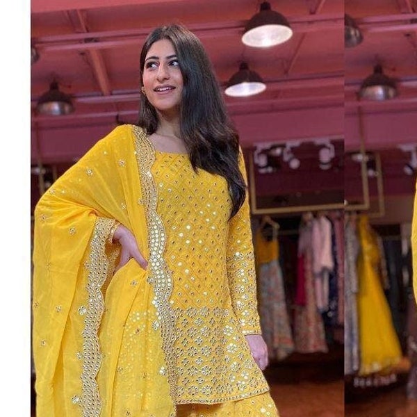 Indian Woman Wear Yellow Sharara Designer Shalwar Kameez Ready Made Palazzo Pakistani Wedding Dresses Embroidery Work Dress Punjabi Suits