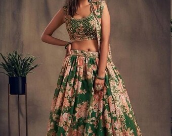 Designer lehenga Green Floral lehenga choli for women bridesmaids lehenga , Indian outfits Pakistani Wedding lengha ready to wear