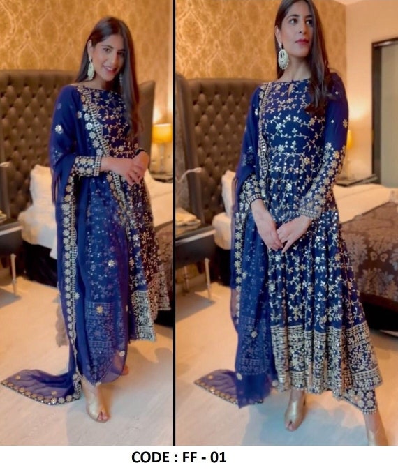 navy blue satin long embroidered gown style suit 5019