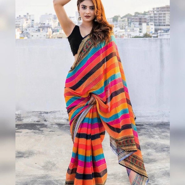 Designer Multicolor Soft Georgette Saree, Embroidery Sequence Work Saree For Women, Party wear dress Indian Outfits, Wedding Wear Saree