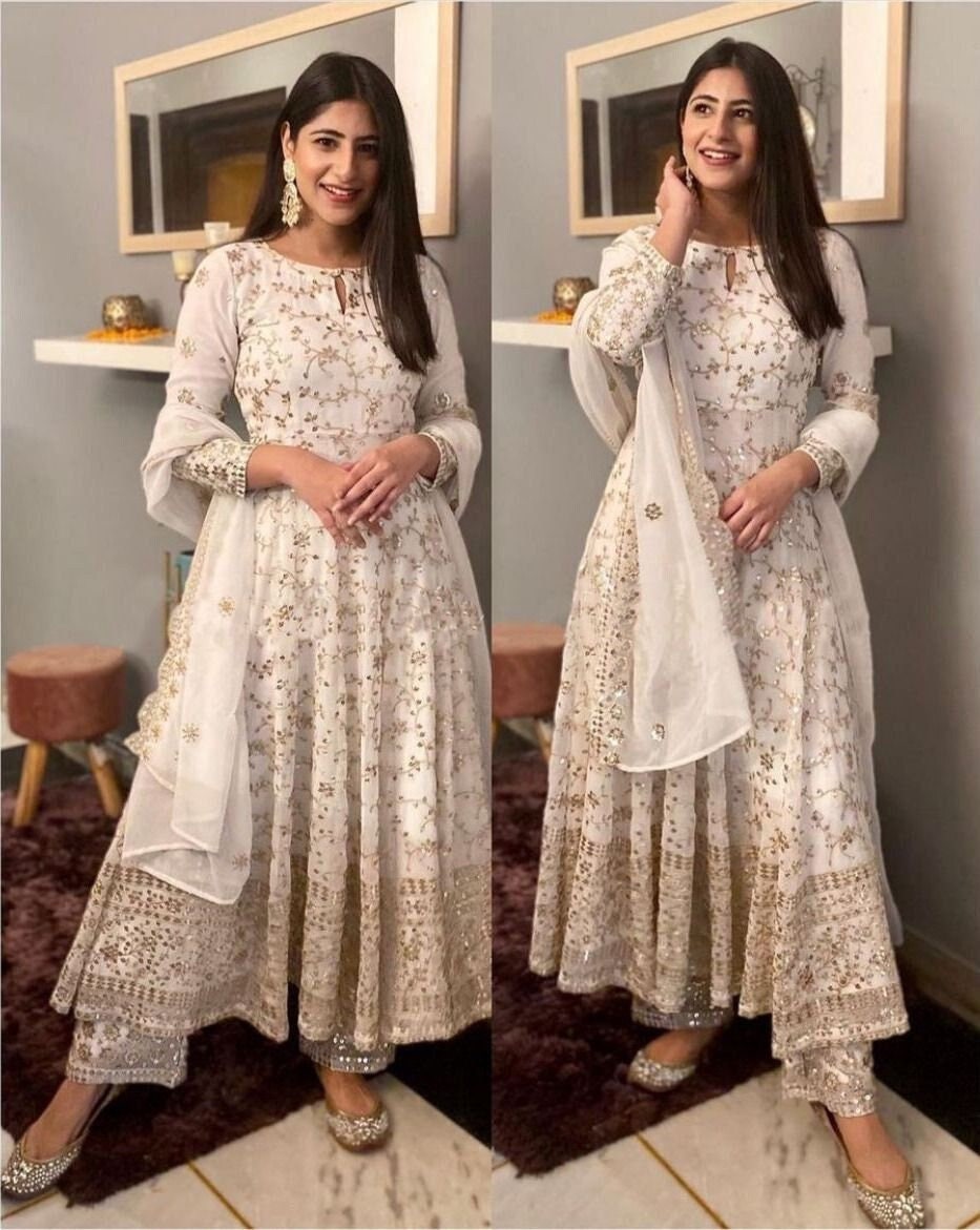 Readymade White Embroidered Anarkali Style Suit 5077SL02