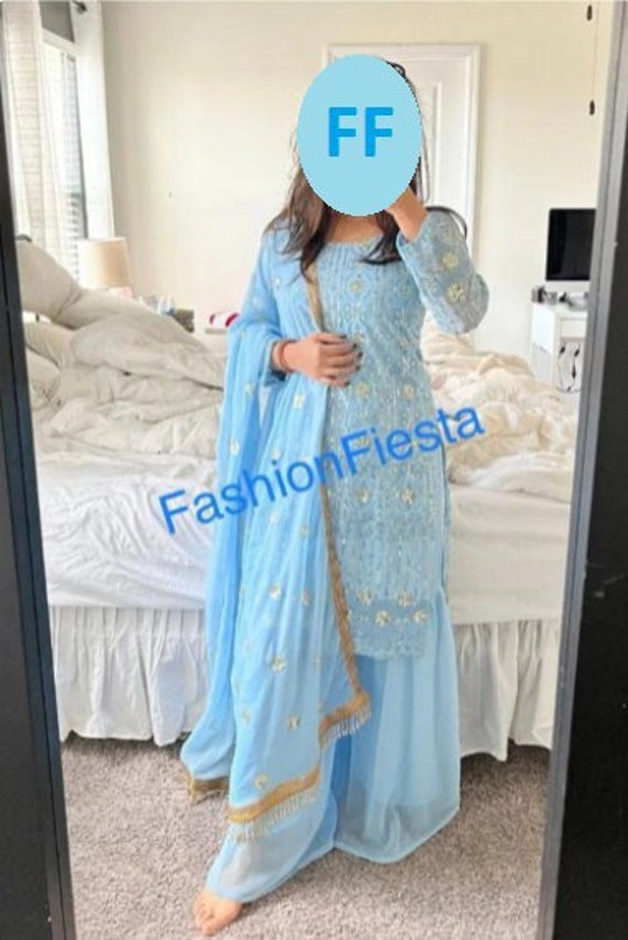 Sky Blue Color Linen Cotton Fabric Charming Salwar Suit