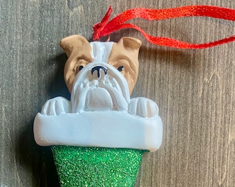 Personalisierte Weihnachtsbaum Ornament, Bulldogge, englische Bulldogge, britische Bulldogge, Strumpf, Ton Ornament, Hund, Geschenk.