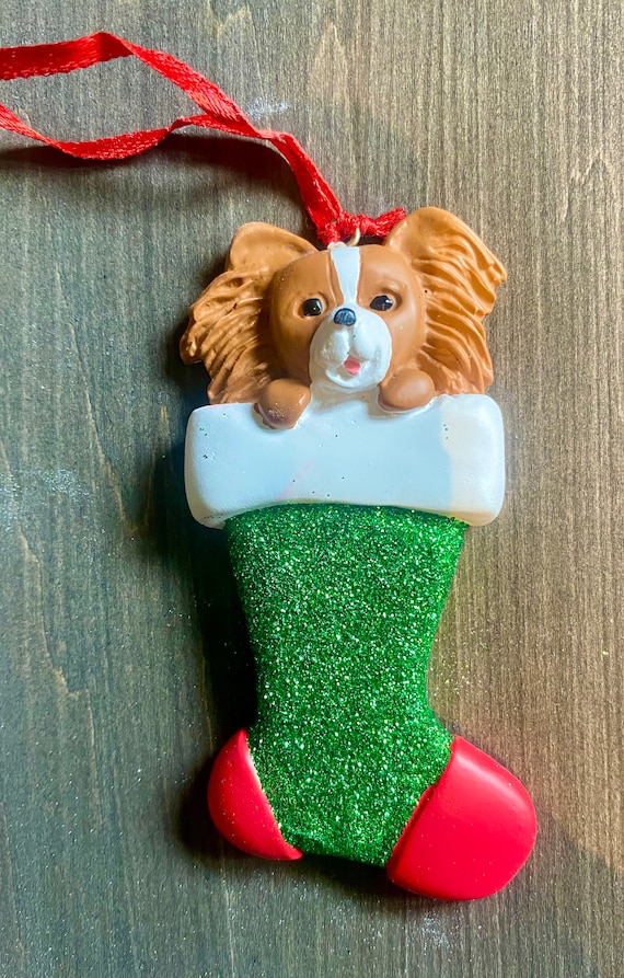 Personalized Christmas Tree Ornament, Papillon, Stocking, Clay Ornament, Dog, Gift.