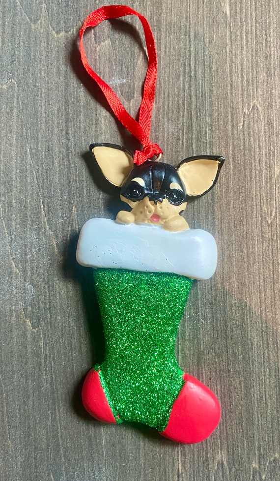 Personalized Christmas Tree Ornament, Chihuahua, Stocking, Clay Ornament, Dog, Gift.