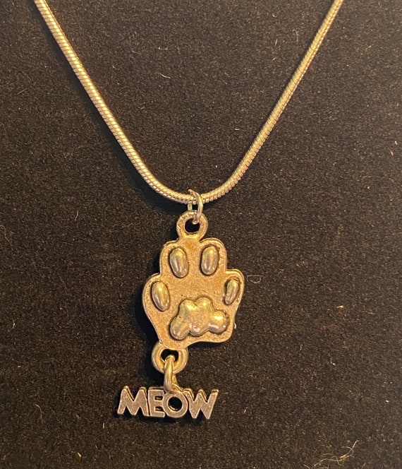 Paw Print, Meow, Cat Necklace, Gift, Silver