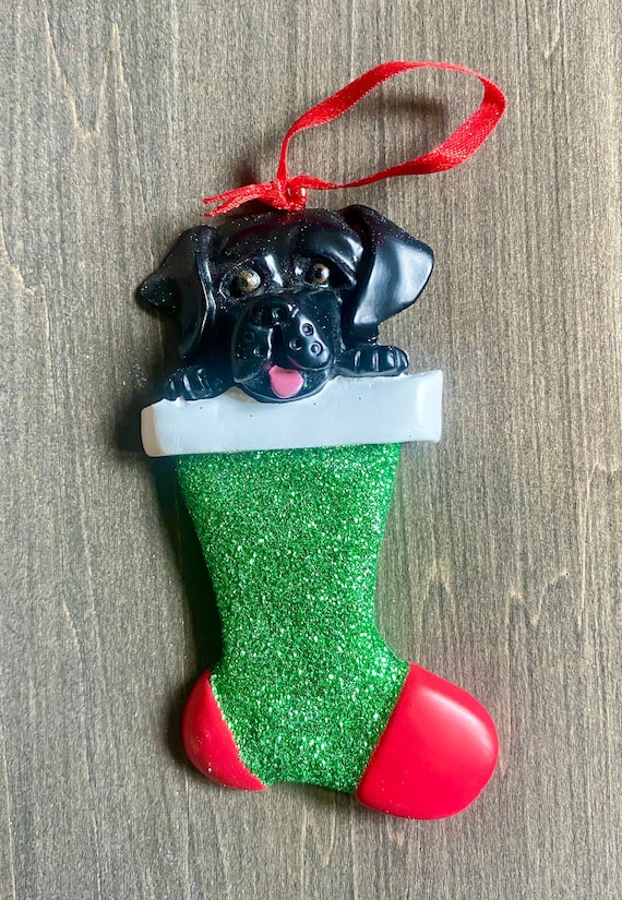Personalized Christmas Tree Ornament, Black Lab, Labrador Retriever, Stocking, Clay Ornament, Dog, Gift.