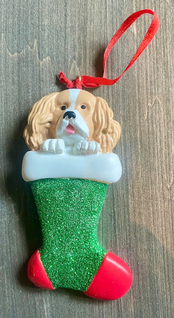 Personalized Christmas Tree Ornament, Spaniel, Stocking, Clay Ornament, Dog, Gift.