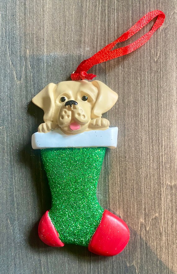 Personalized Christmas Tree Ornament, Yellow Lab, Labrador Retriever, Stocking, Clay Ornament, Dog, Gift.