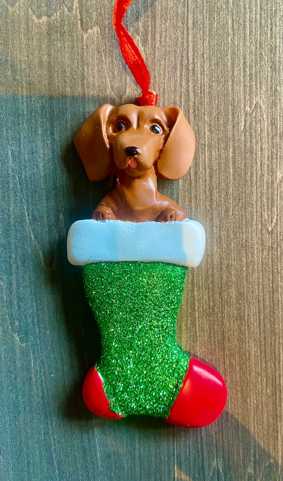 Personalized Christmas Tree Ornament, Dachshund, Stocking, Clay Ornament, Dog, Gift.