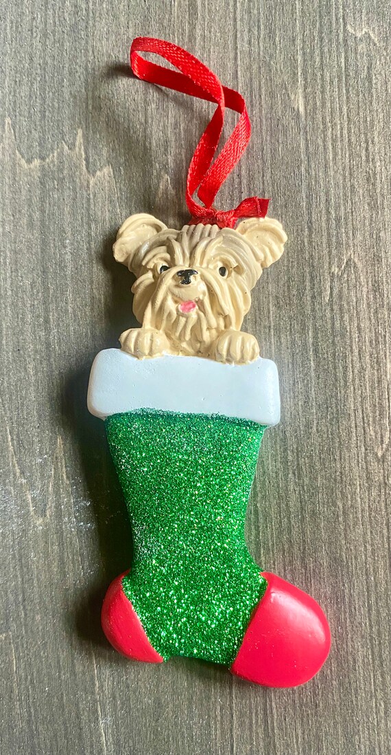 Personalized Christmas Tree Ornament, Yorkshire terrier, Yorkie, Stocking, Clay Ornament, Dog, Gift.