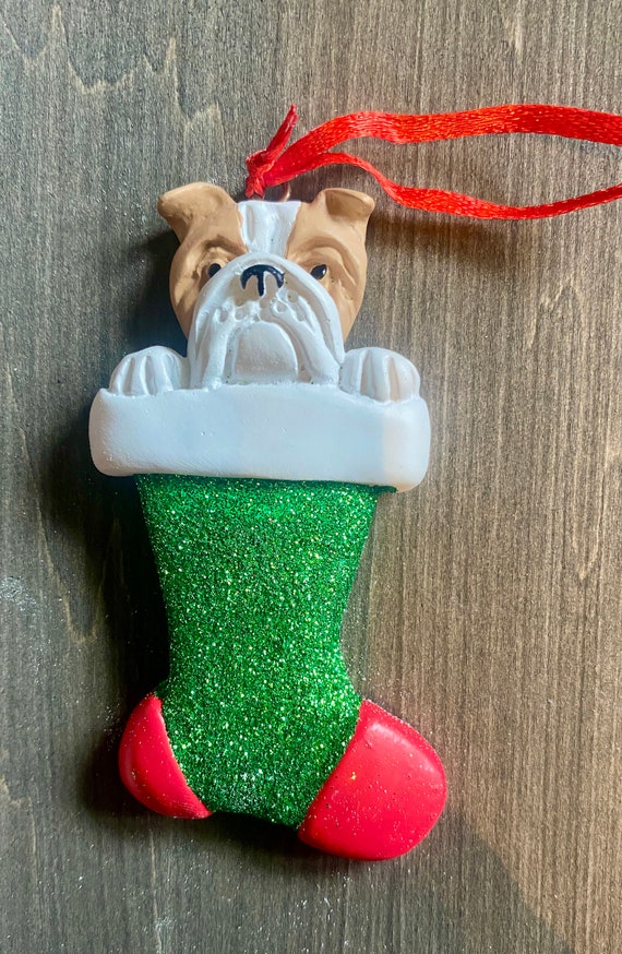 Personalized Christmas Tree Ornament, Bulldog, English Bulldog, British Bulldog, Stocking, Clay Ornament, Dog, Gift.
