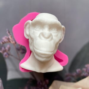 Pode incluir: Um molde de silicone branco em forma de cabeça de macaco, com rosto e orelhas detalhadas. O molde está sentado em uma superfície de silicone rosa.