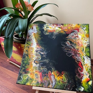 Acrylic Pouring, Colorful painting, Wall hanging art, Wall décor, green, yellow, red and black colors