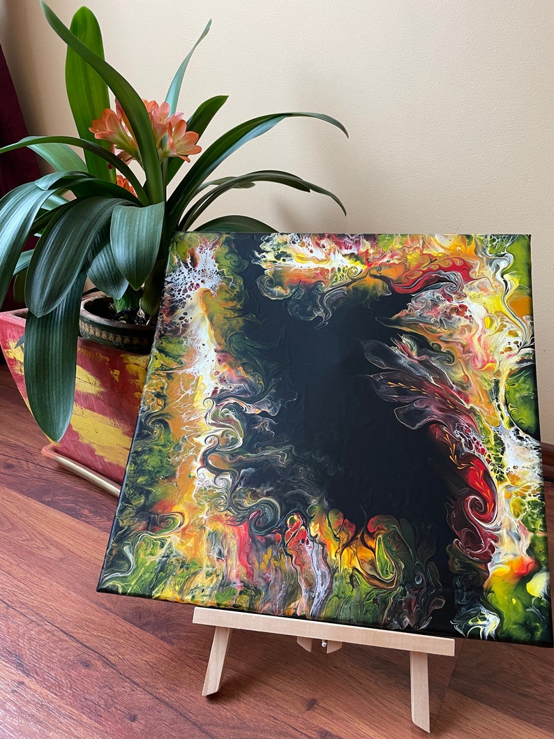 Acrylic Pouring, Colorful painting, Wall hanging art, Wall décor, green, yellow, red and black colors