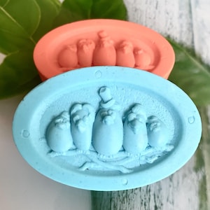Pode incluir: Dois moldes de silicone ovais, um azul e outro rosa, com desenhos em relevo de pássaros em um ninho. O molde azul tem cinco pássaros, enquanto o molde rosa tem quatro.