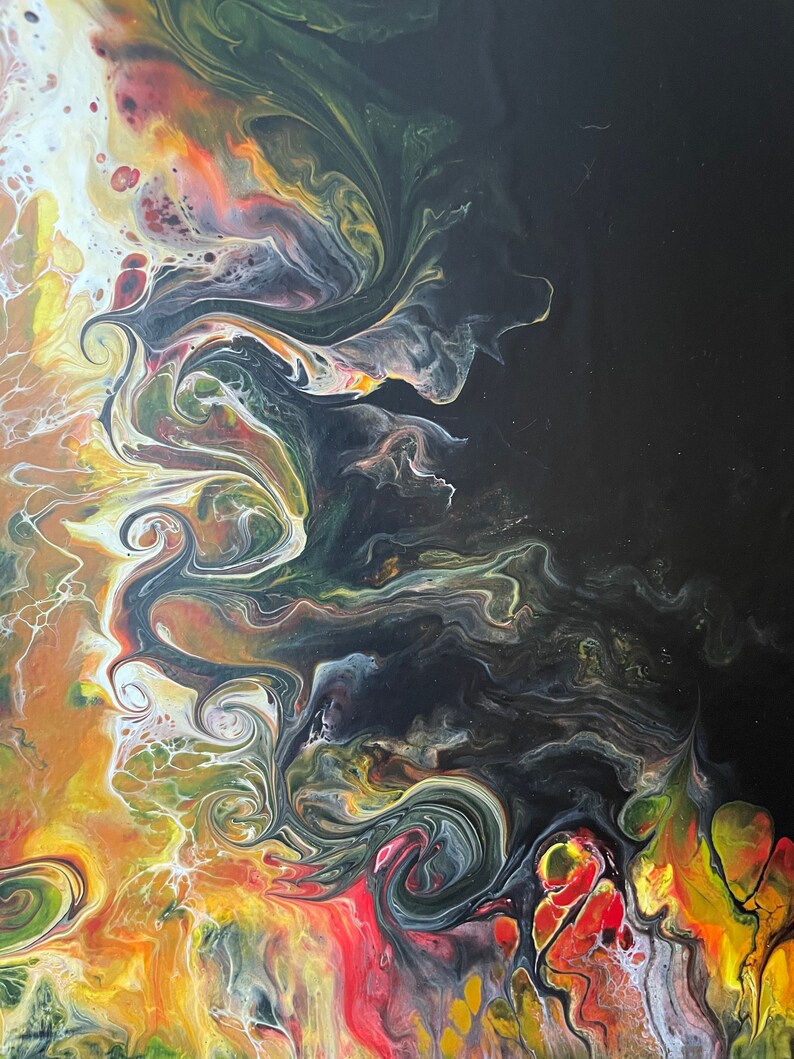 Pode incluir: Pintura abstrata com padr&otilde;es em espiral em tons de preto, branco, amarelo, verde e vermelho.