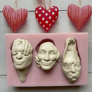 以下が含まれることがあります： 顔の石膏型を作るためのシリコンモールド3個。モールドはピンクで、目隠し、笑顔、口隠しなど、3つの異なる表情があります。