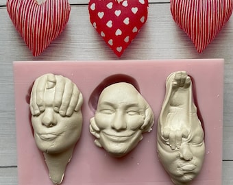 Human Face Silicone Mold, Set of 3 Heads, heads, faces, body parts, Miniature Face, clay mold, modeling tool, facial expression, grimaces