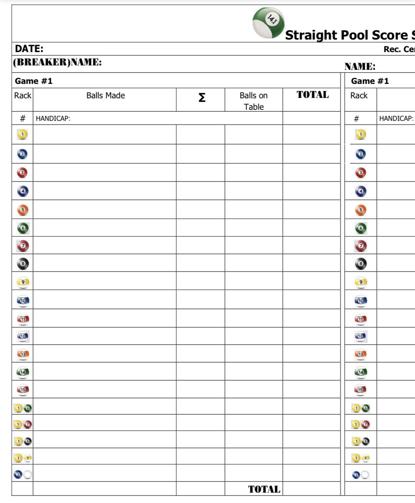 Printable Straight Pool Score Sheet, Doc, Pdf Format, Billiard, Pool Printable Straight Pool Score Sheet, Doc, Pdf Format, Billiard, Pool