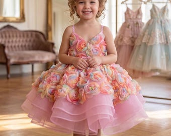 Vestido rosa com estampa de rosas, para meninas de 4 a 5 anos.