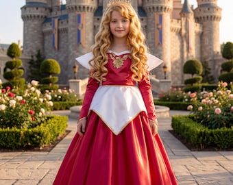 Vestido de princesa inspirado na Aurora, tamanho 8-10 anos.