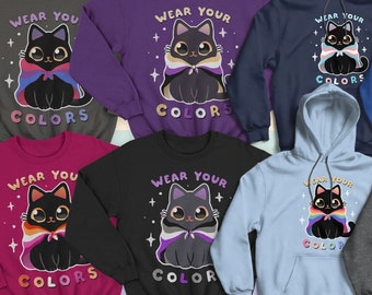 Pride Flags Cat LGBTQ pull ou sweat à capuche - Drapeau personnalisé - Arc-en-ciel - Lesbiennes - Trans - Bisexuels - Asexuels - Pansexuels - Agender - Non binaires