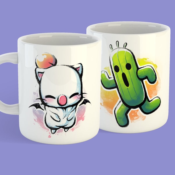 Moogle and Cactuar Final Fantasy Mug - Kupo Double-sided Ceramic cup 11oz or 15oz - Cute Final fantasy VII remake watercolor