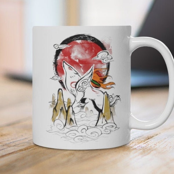 Okami Wolf Ceramic Mug - Amaterasu mug - coffee gamer - traditional japanes ink - Japan tea time