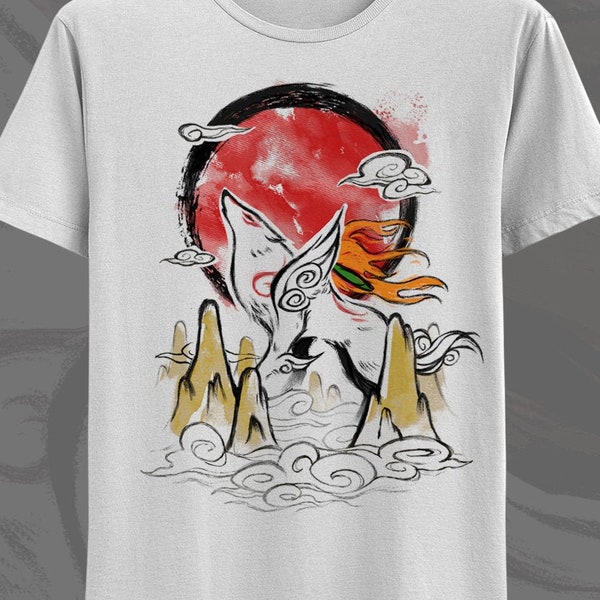 T-shirt Okami - tee-shirt Amaterasu - encre japonaise traditionnelle - Soleil levant du Japon - gamer loup