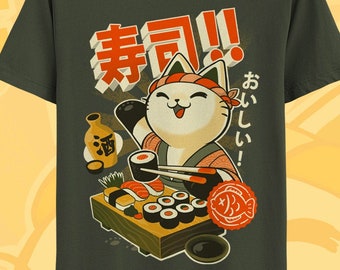 Süßes japanisches Katzen-T-Shirt – Sushi- und Ramen-Feinschmecker-T-Shirt – Kawaii Neko Manga Anime-Shirt