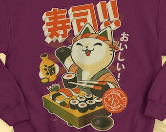 Cute Sushi Cat Japan Sweater - Sushi and ramen foodies sweatshirt- kawaii neko manga anime shirt