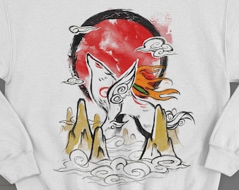 Okami Sweater or Hoodie - Amaterasu sweatshirt - traditional japanese ink - Japan rising sun - wolf gamer