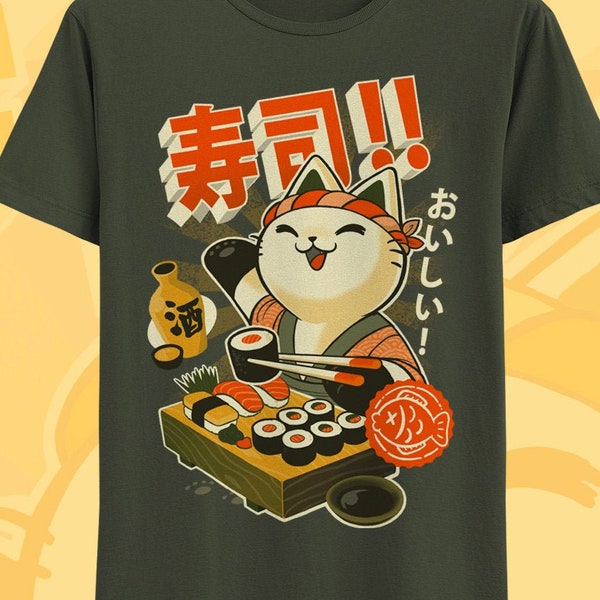 Süßes japanisches Katzen-T-Shirt – Sushi- und Ramen-Feinschmecker-T-Shirt – Kawaii Neko Manga Anime-Shirt