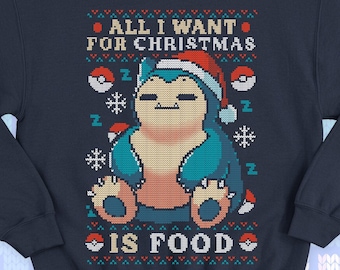 Cute gamer Ugly Christmas Sweater - Hungry and Kawaii sweatshirt gift - video game monster - All I want for Christmas is Food - Eat Sleep