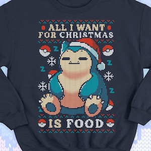 Suéter navideño feo de jugador lindo - Regalo de sudadera hambriento y kawaii - Monstruo de videojuego - Todo lo que quiero para Navidad es comida - Comer dormir