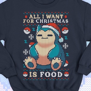 Cute gamer Ugly Christmas Sweater - Hungry and Kawaii sweatshirt gift - video game monster - All I want for Christmas is Food - Eat Sleep