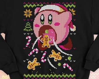 Kirby Ugly Christmas Sweater - Kawaii sweatshirt gift - Cute pink hungry Kirby - Sweets and cookies