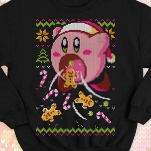 Kirby Ugly Christmas Sweater - Kawaii sweatshirt gift - Cute pink hungry Kirby - Sweets and cookies