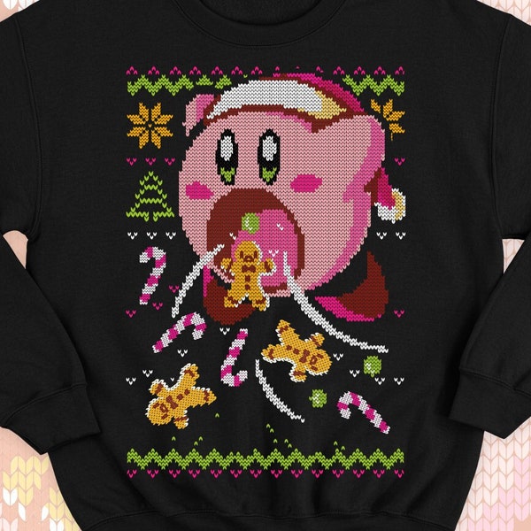 Pull de Noël moche Kirby - Cadeau sweat-shirt kawaii - Joli Kirby affamé rose - Bonbons et biscuits