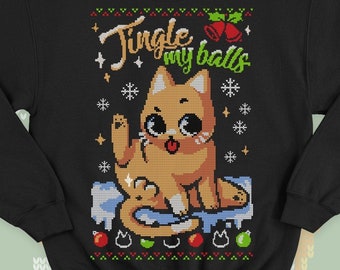 Sassy Cat Ugly Christmas Sweater - Cute kitty gift - Gingle my Balls sweatshirt - Merry Kiss my ass
