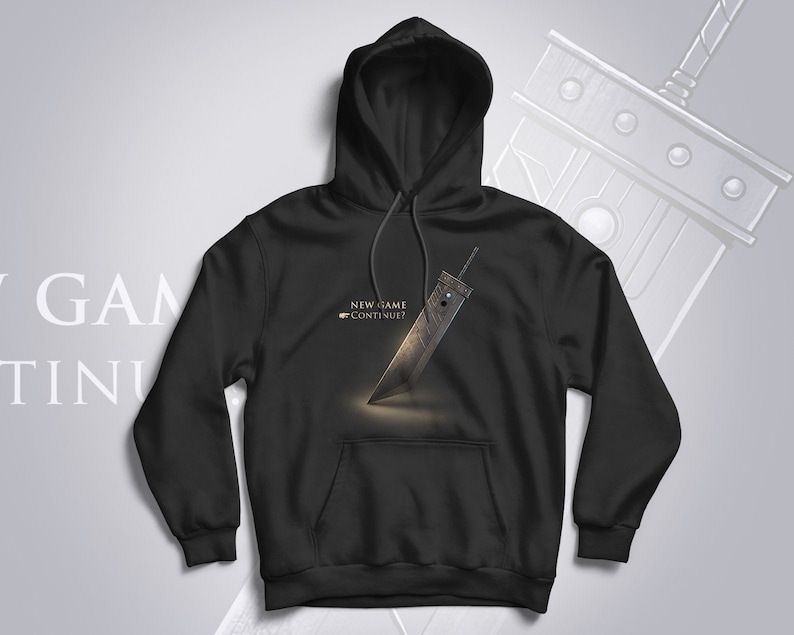 May include: Black hooded sweatshirt with a graphic of a large sword and the text "NEW GAME CONTINUE?" printed on the front.