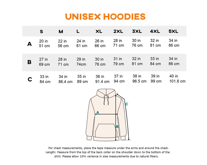 May include: Diagram showing unisex hoodie size measurements in inches and centimeters. Sizes range from S to 5XL, with measurements for chest (A), length (B), and sleeve (C). The text "UNISEX HOODIES" is at the top.