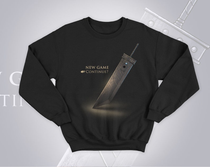 May include: Black sweatshirt with a gold graphic of a sword and the text "NEW GAME CONTINUE?"