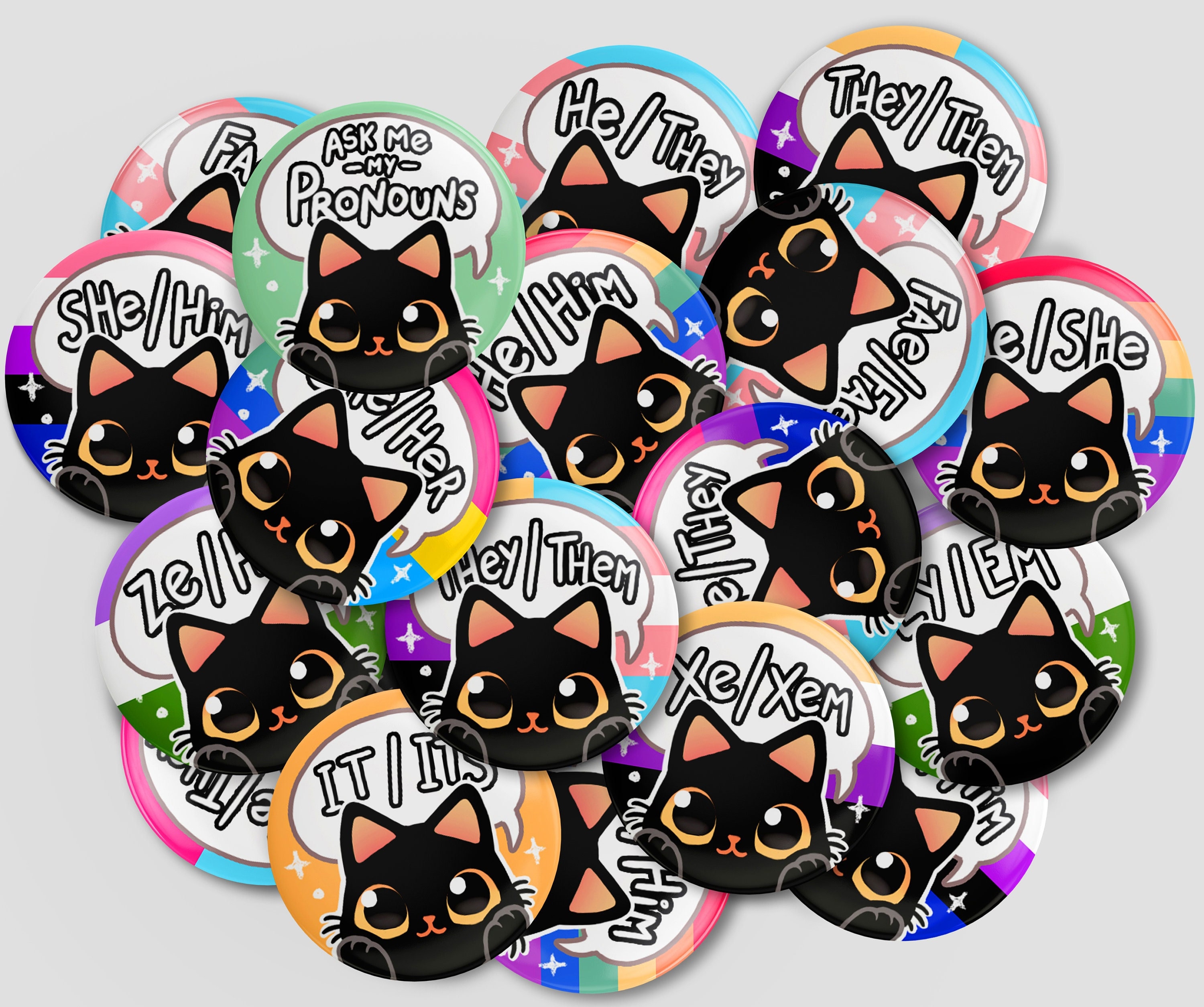 Pride Pronouns Flags Button Pin - Custom LGBTQ cute cat - They/Them - She/Her - He/Him - Ask my pronouns - Neopronouns Personal