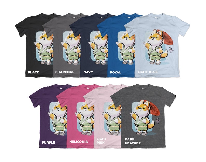 May include: A collection of t-shirts in various colors, including black, charcoal, navy, royal, and light blue. Each shirt features a cartoon Shiba Inu character wearing a kimono and holding a parasol. The shirts are labeled with their respective color names.