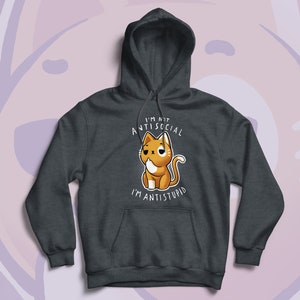 May include: Dark gray hoodie featuring a cartoon cat with the text "I'M NOT ANTISOCIAL I'M ANTISTUPID". The cat is orange and white with a sad expression. The hoodie has a drawstring hood and a kangaroo pocket.