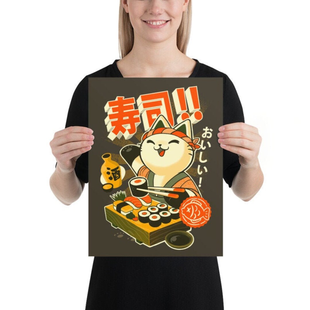 Sushi Cat Poster - Ramen Kawaii Japan Art Print - Neko Foodie - Retro ...