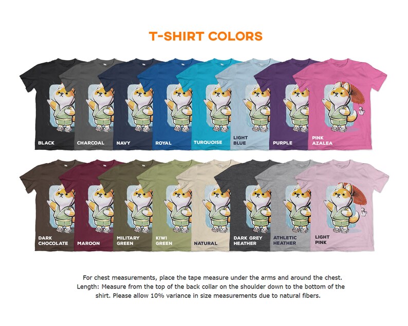 May include: A chart showing 16 different t-shirt colors with a cartoon Shiba Inu wearing a kimono on each shirt. The colors include black, charcoal, navy, royal, turquoise, light blue, purple, pink azalea, dark chocolate, maroon, military green, kiwi green, natural, dark grey heather, athletic heather, and light pink.